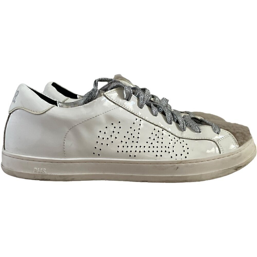 P448 John Shearling Patent Sneakers EU 40 White Silver Glitter Lace Up - Picture 2 of 11